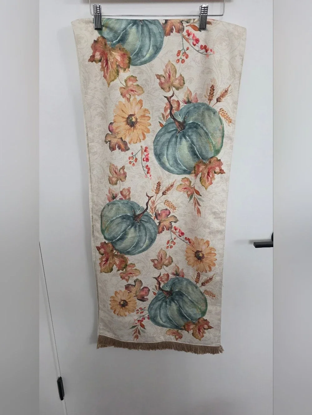 Nicole Miller Teal and Cream Pumpkin Floral Tablw Runner